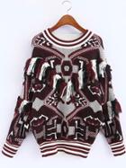 Shein Multicolor Graphic Print Striped Trim Tassel Sweater