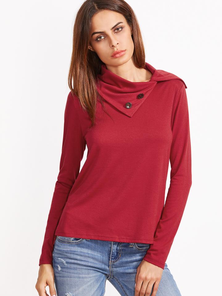 Shein Button Turtleneck Slit High Low Top