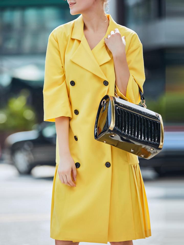 Shein Yellow Lapel Pockets Pleated Coat