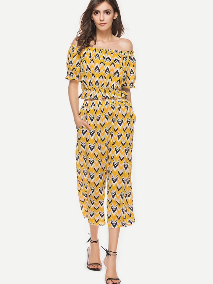 Shein Frill Trim Bardot Printed Top With Wide Leg Pants