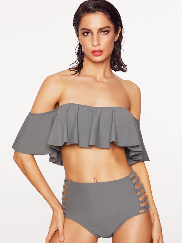 Shein Frill Bardot Neckline Ladder Cutout Bikini Set