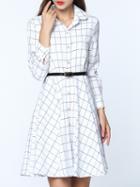 Shein White Lapel Long Sleeve Check Print Drawstring Dress