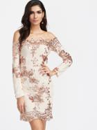 Shein Off The Shoulder Sequin Mesh Overlay Sheath Dress