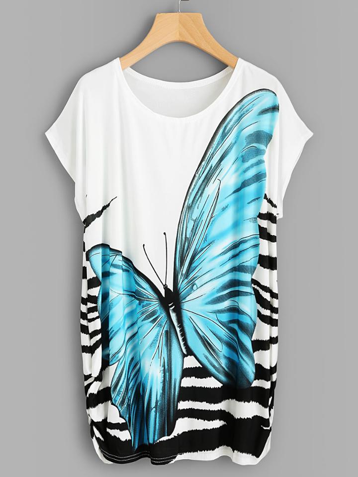 Shein Dolman Sleeve Shirred Side Butterfly Print Tee