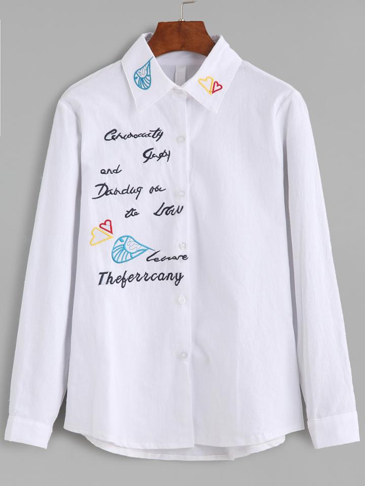 Shein White Slogan And Hearts Embroidered Shirt