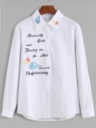 Shein White Slogan And Hearts Embroidered Shirt