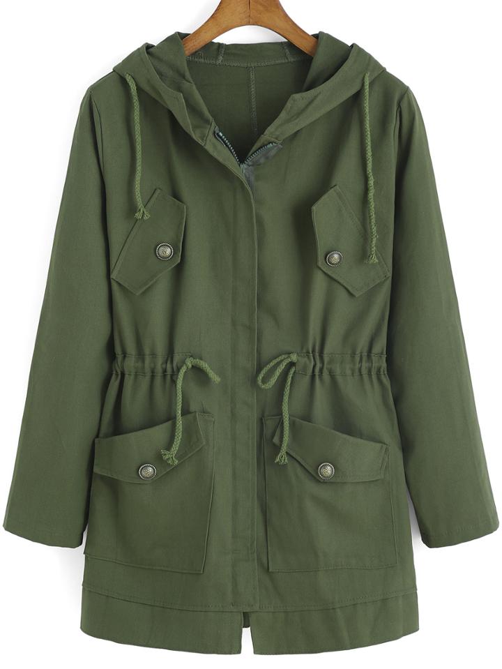 Shein Army Green Hooded Drawstring London Print Coat