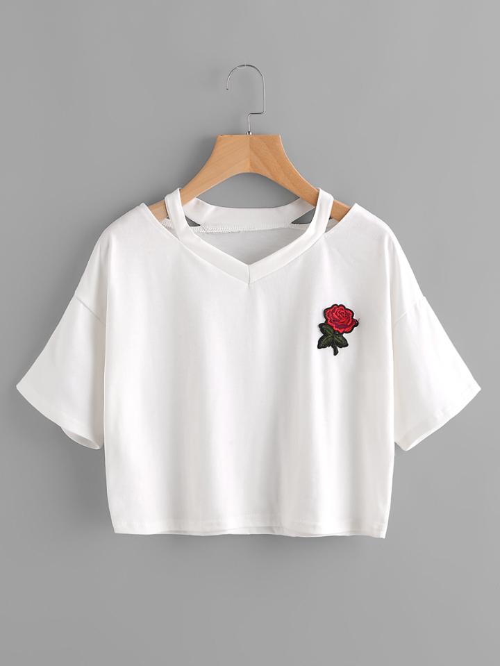 Shein Cut Out Neck Rose Embroidered Patch Tee