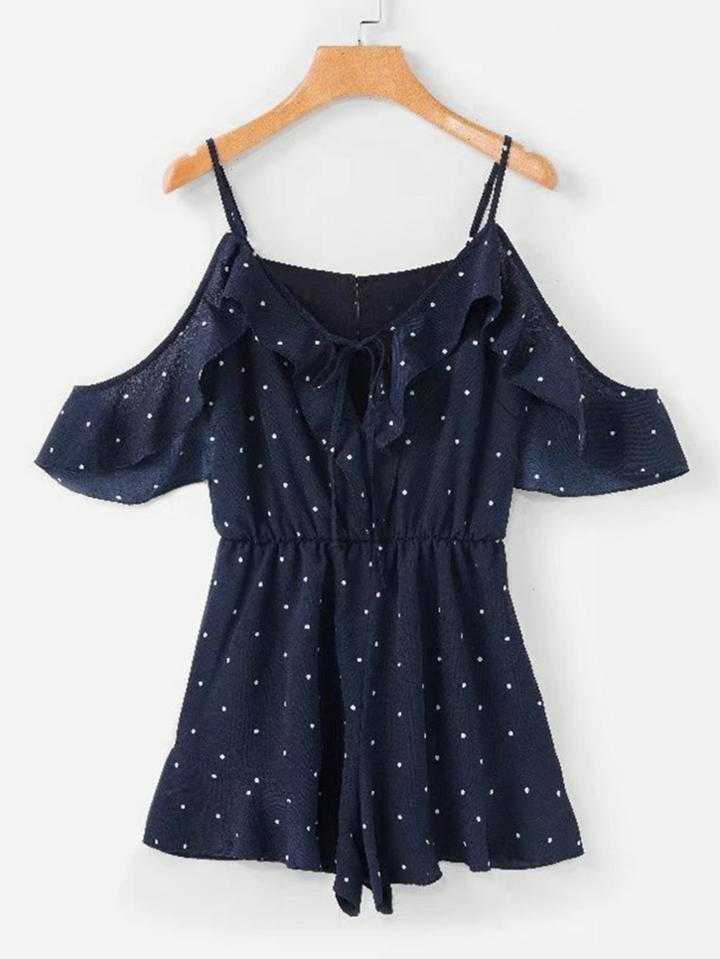 Shein Flounce Cold Shoulder Polka Dot Romper