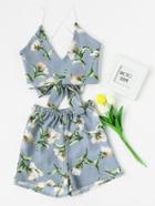 Shein Printed Random Criss Cross Knot Back Cami Top With Shorts