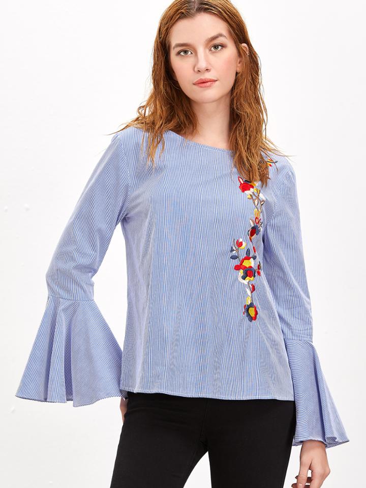Shein Blue Striped Cutout Tied Back Bell Sleeve Embroidered Blouse