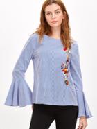 Shein Blue Striped Cutout Tied Back Bell Sleeve Embroidered Blouse