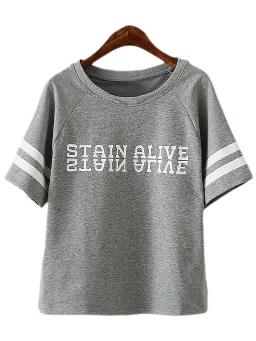 Shein Grey Short Sleeve Stripe Letter Printing T-shirt