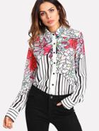 Shein Button Up Floral & Striped Blouse