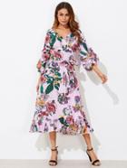 Shein Mixed Print Gathered Sleeve Surplice Wrap Dress