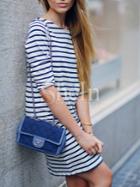 Shein White Striped Crew Neck Shift Dress