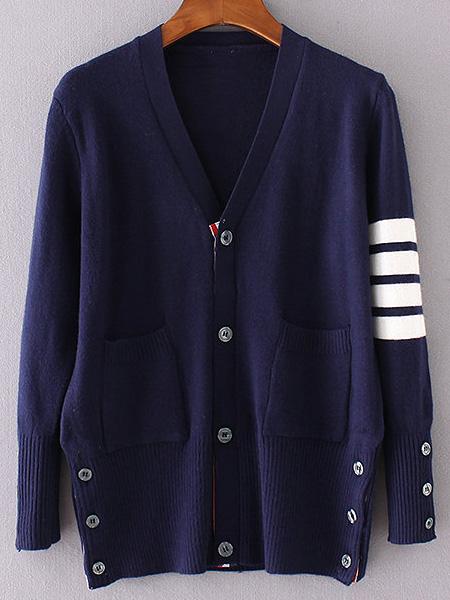 Shein Navy Striped Sleeve Button Up Cardigan