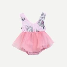 Shein Toddler Girls Contrast Mesh Unicorn Print Romper