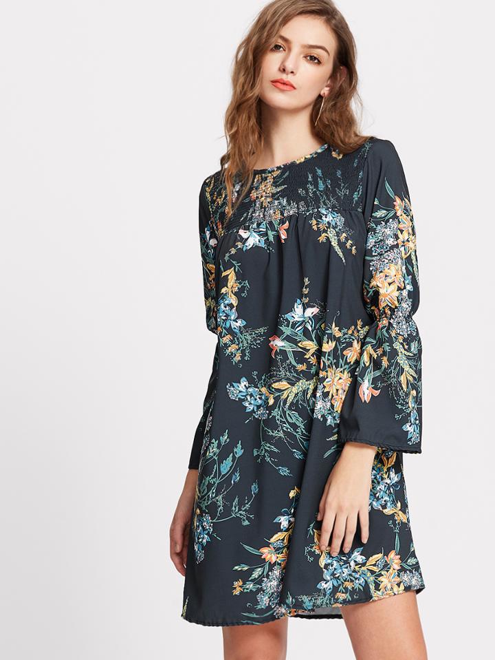 Shein Black Flower Print Keyhole Back Dress