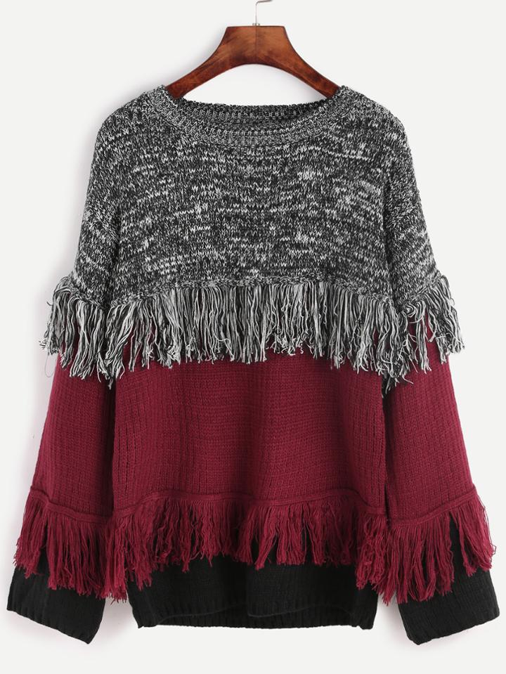 Shein Color Block Fringe Detail Sweater