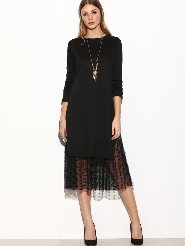 Shein Black Contrast Mesh Slit Side 2 In 1 Dress