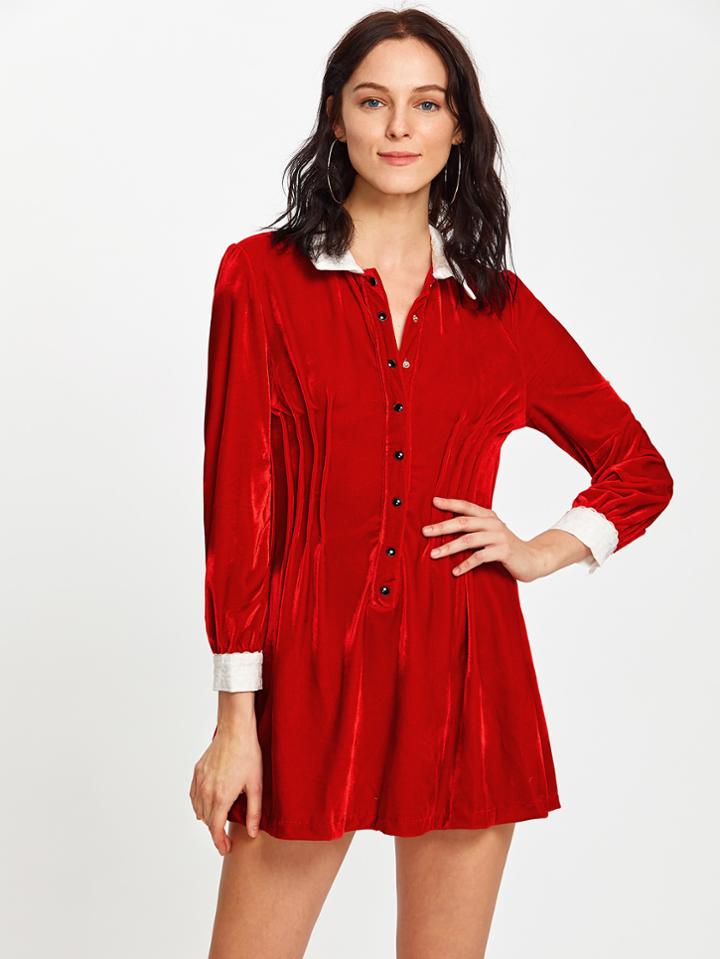 Shein Contrast Trim Button Up Velvet Dress