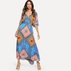Shein Tasseled Tie Double V-neck Patchwork Print Dress