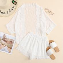 Shein Fringe Trim Sheer Top With Shorts