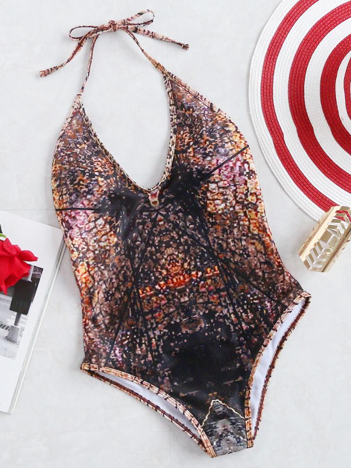 Shein Printed Halter Sexy One-piece Swimwear