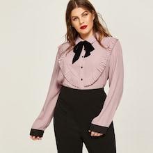 Shein Plus Tie Neck Frill Trim Shirt