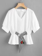 Shein Contrast Gingham O-ring Detail Embroidered Applique Blouse