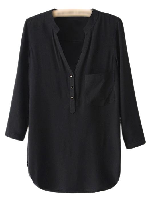 Shein Black V Neck Buttons Front Dip Hem Blouse