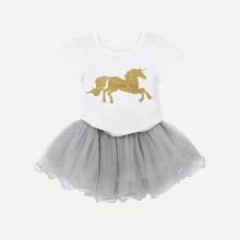 Shein Girls Horse Print Tee With Mesh Overlay Skirt