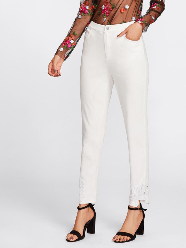 Shein Embroidered Flower Patch Hem Pants