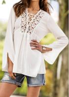 Rosewe Flare Sleeve White Lace Up Blouse