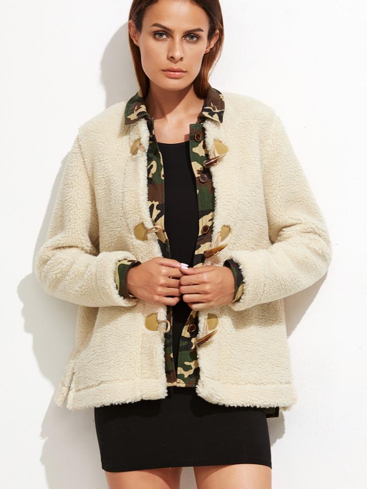 Shein Beige Camo Trim Fleece Duffle Jacket
