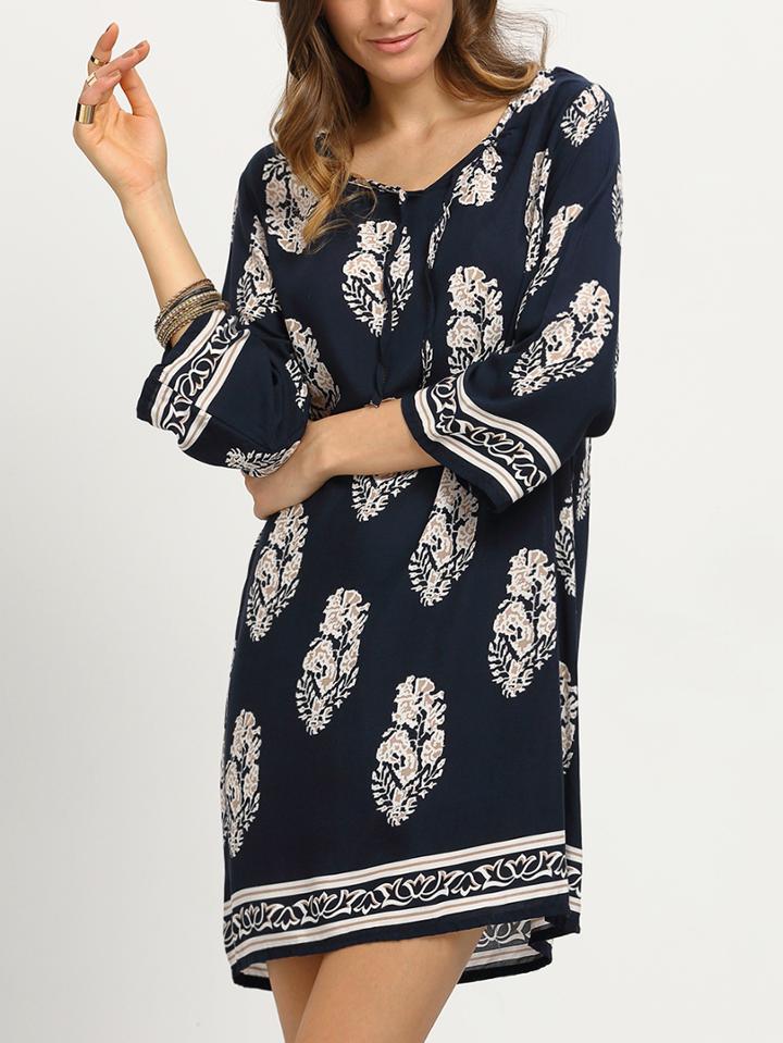 Shein Leaf Print Tie-neck Tunic Dress