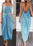 Rosewe Ruched Open Back Solid Blue Maxi Dress