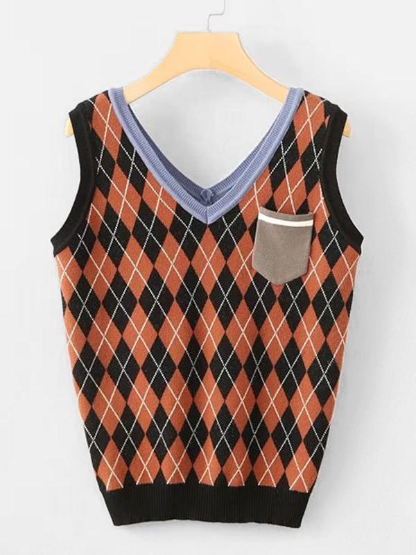 Shein Contrast Pocket Argyle Sweater