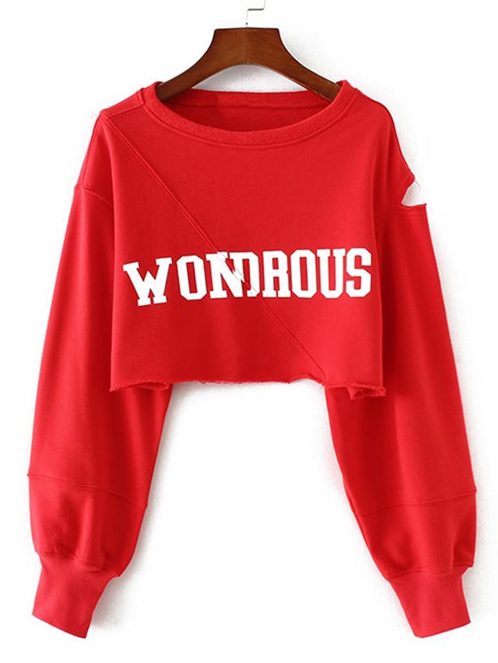 Shein Slogan Print Ripped Crop Sweatshirt