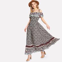 Shein Open Shoulder Ruffle Embellished Floral Dress