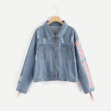 Shein Plus Letter Print Ripped Denim Jacket
