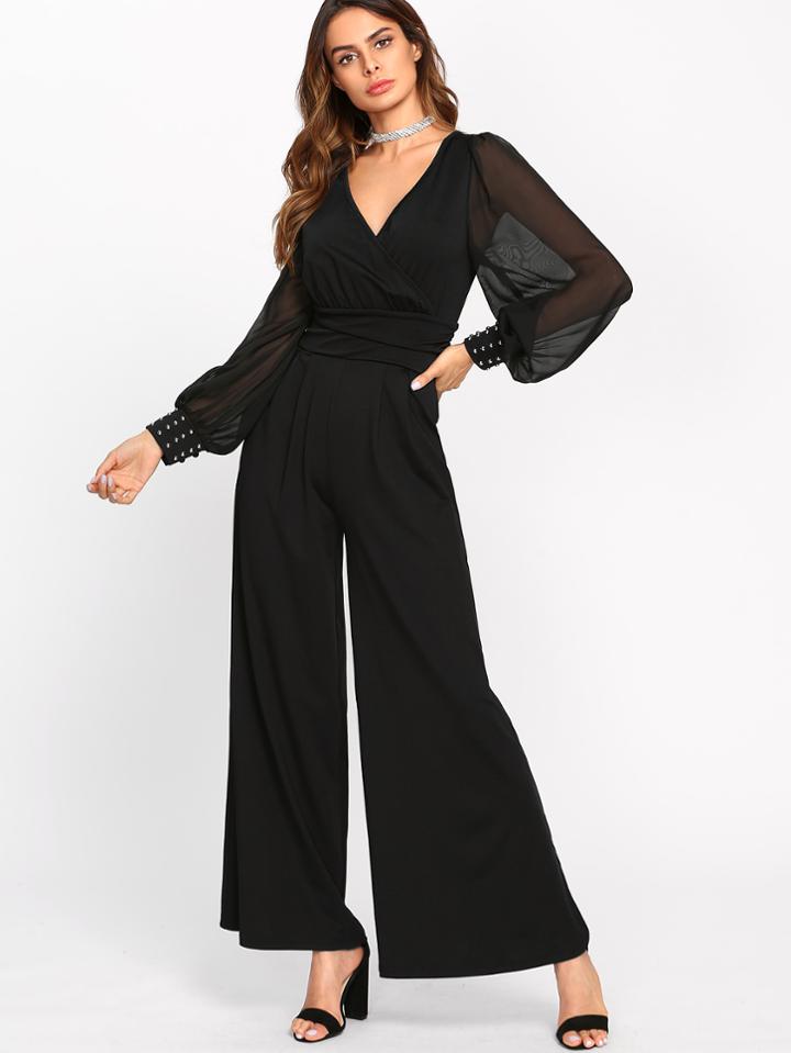 Shein Sheer Bishop Sleeve Surplice Wrap Palazzo Jumpsuit