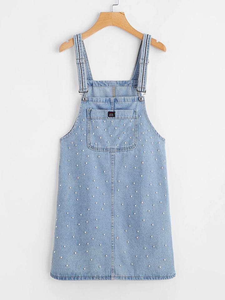 Shein Faux Pearl Pocket Front Overall Denim Dress