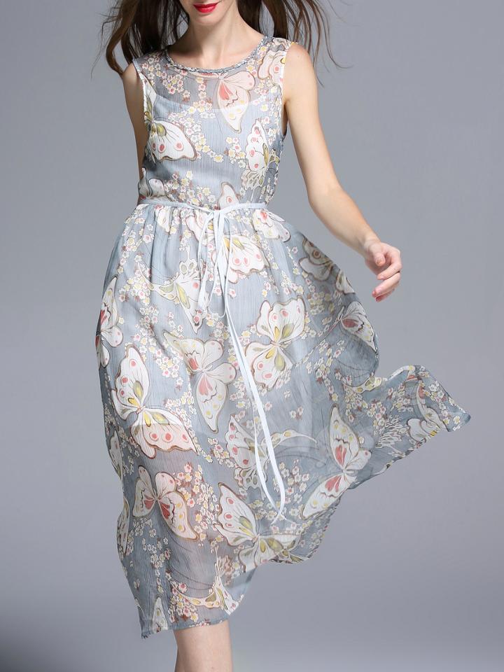 Shein Blue Butterfly Print Tie-waist Dress