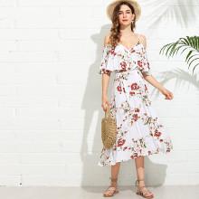Shein Wrap Front Cold Shoulder Floral Dress