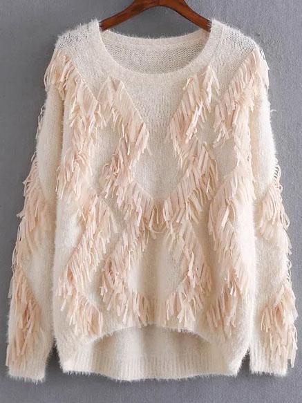 Shein Apricot Fringe Detail Dip Hem Mohair Sweater