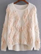 Shein Apricot Fringe Detail Dip Hem Mohair Sweater