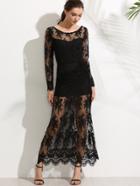 Shein Black V Back Embroidered Lace Overlay Dress