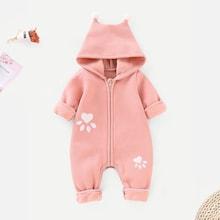 Shein Baby Pom Pom Detail Cartoon Print Hooded Jumpsuit